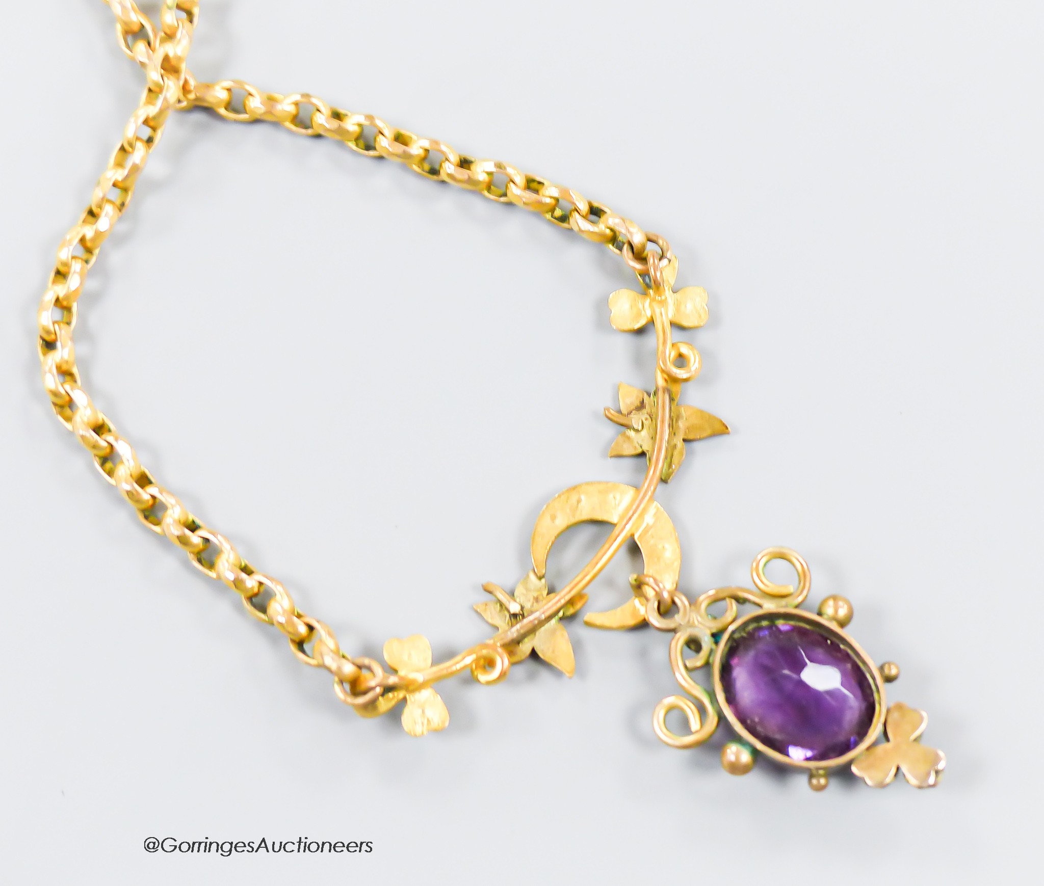 An early 20th century gilt, metal and paste set drop pendant necklace, approx. 48cm.